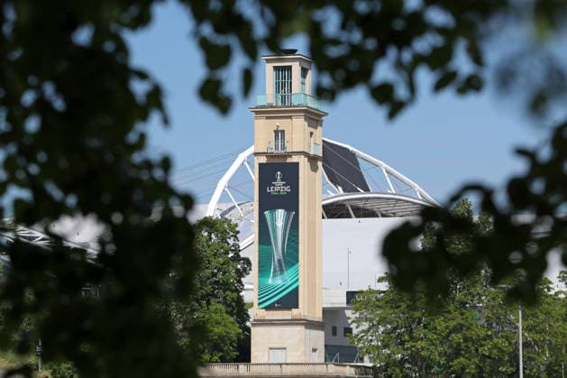 UEFA Conference League Final preparations in Leipzig, 19 05 26 The bell tower at Leipzig Stadium prepares for the UEFA Conference League Final Branding, flags and logos around the stadium, 19 05 26 Copyright: xBEAUTIFULxSPORTS JanxKaeferx