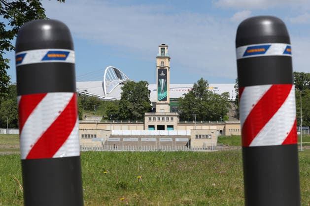 UEFA Conference League Final preparations in Leipzig, 19 05 26 Security measures, bollards, with bell tower at the stadium Leipzig prepares for the UEFA Conference League Final Branding, flags and logos around the stadium, 19 05 26 Copyright: xBEAUTIFULxSPORTS JanxKaeferx