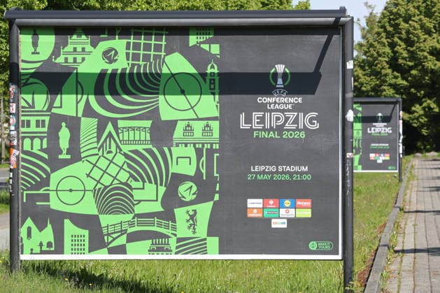 UEFA Conference League Final preparations in Leipzig, 19 05 26 Leipzig prepares for the UEFA Conference League Final Branding, flags and logos around the stadium, 19 05 26 Copyright: xBEAUTIFULxSPORTS JanxKaeferx