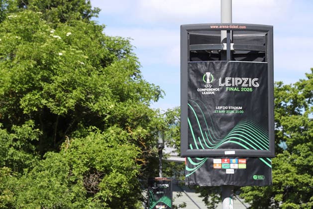 UEFA Conference League Final preparations in Leipzig, 19 05 26 Leipzig prepares for the UEFA Conference League Final Branding, flags and logos around the stadium, 19 05 26 Copyright: xBEAUTIFULxSPORTS JanxKaeferx