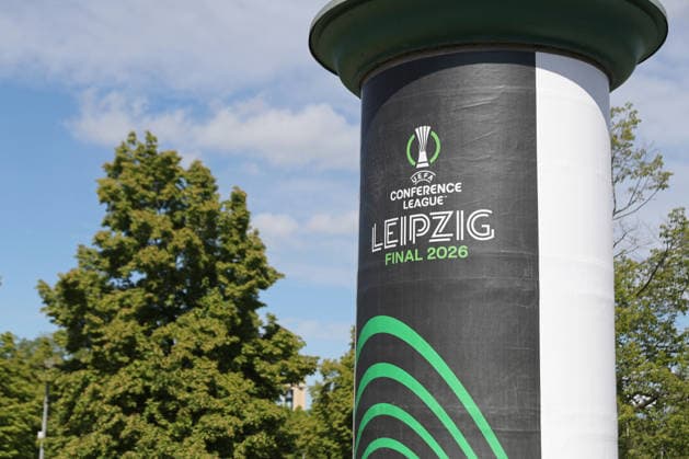 UEFA Conference League Final preparations in Leipzig, 19 05 26 Leipzig prepares for the UEFA Conference League Final Branding, flags and logos around the stadium, 19 05 26 Copyright: xBEAUTIFULxSPORTS JanxKaeferx