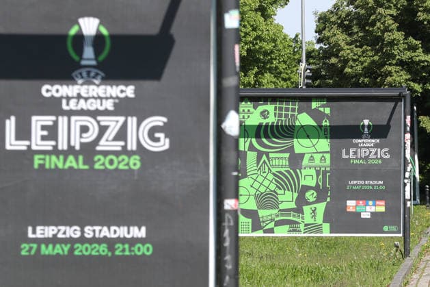 UEFA Conference League Final preparations in Leipzig, 19 05 26 Leipzig prepares for the UEFA Conference League Final Branding, flags and logos around the stadium, 19 05 26 Copyright: xBEAUTIFULxSPORTS JanxKaeferx