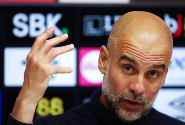 Bournemouth, England, 19th May 2026. Pep Guardiola, Manager of Manchester City talks in a press conference, PK, Pressekonferenz after the AFC Bournemouth vs Manchester City Premier League match at the Vitality Stadium, Bournemouth. Picture credit should read: Paul Terry Sportimage EDITORIAL USE ONLY. No use with unauthorised audio, video, data, fixture lists, club league logos or live services. Online in-match use limited to 120 images, no video emulation. No use in betting, games or single club league player publications. SPI_068_PT_Bournemouth_Man_City SPI-4809-0068