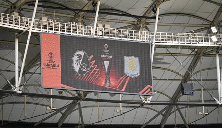 FOOTBALL EUROPA LEAGUE SEASON 2025 2026 Final in Istanbul 20 05 2026 SC Freiburg Aston Villa Decorative picture, match pairing on the scoreboard at Besiktas Park Stadium