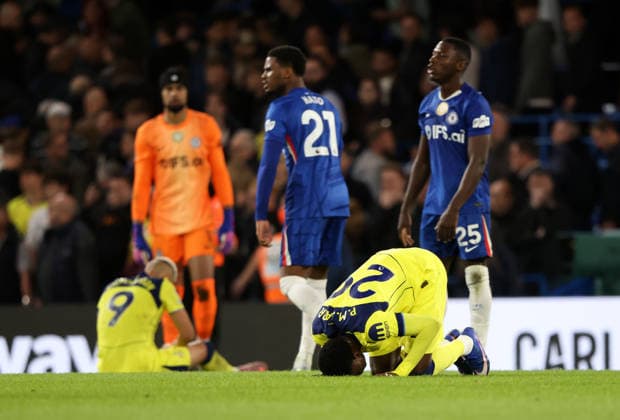 Pape Matar Sarr (TH) dejection at the final whistle at the Chelsea v Tottenham Hotspur EPL match, at Stamford Bridge Stadium, London, UK on 19th May, 2026. 