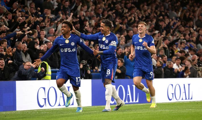 Andrey Santos (C) Enzo Fernandez (C) and Liam Delap (C) celebrate after Andrey Santos (C) scored the second Chelsea goal (2-0) at the Chelsea v Tottenham Hotspur EPL match, at Stamford Bridge Stadium, London, UK on 19th May, 2026. 