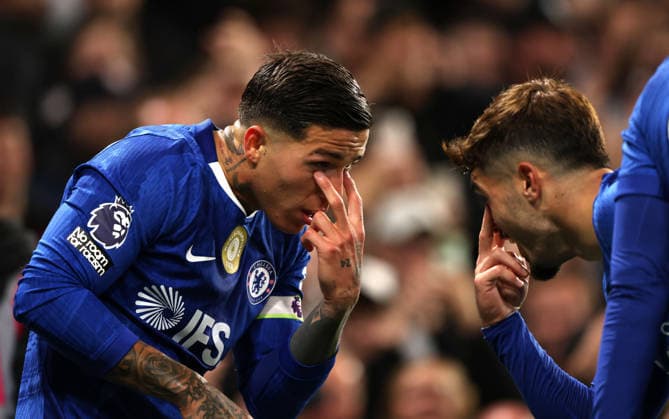 Enzo Fernandez (C) and Pedro Neto (C) celebrate at the Chelsea v Tottenham Hotspur EPL match, at Stamford Bridge Stadium, London, UK on 19th May, 2026. 