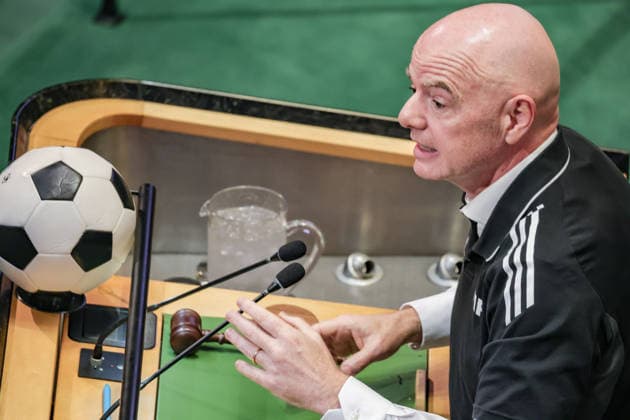May 19, 2026, New York, New York, USA: GIANNI INFANTINO, President of FIFA, speaks at the podium during an event marking World Football Day in the General Assembly Hall at UNHQ, focused on refugees and soccer. New York USA - ZUMAo116 20260519_znp_o116_058 Copyright: xBiancaxOterox