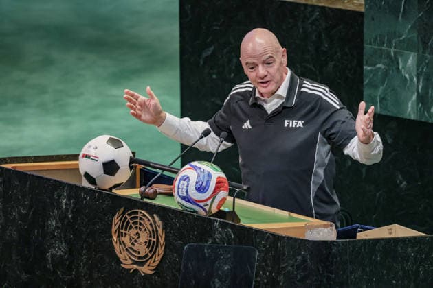 May 19, 2026, New York, New York, USA: GIANNI INFANTINO, President of FIFA, speaks at the podium during an event marking World Football Day in the General Assembly Hall at UNHQ, focused on refugees and soccer. New York USA - ZUMAo116 20260519_znp_o116_064 Copyright: xBiancaxOterox