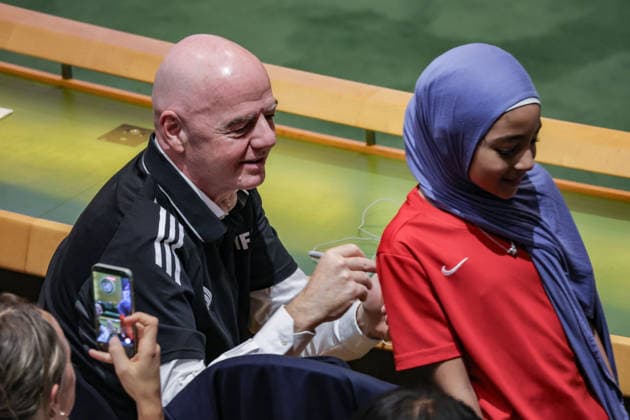 May 19, 2026, New York, New York, USA: GIANNI INFANTINO, President of FIFA, signs childrenÃ¢â‚¬â ¢s jerseys during an event marking World Football Day in the General Assembly Hall at UNHQ, focused on refugees and soccer. New York USA - ZUMAo116 20260519_znp_o116_070 Copyright: xBiancaxOterox