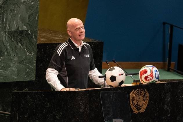 May 19, 2026, Bronx, New York, USA: President of FIFA Gianni Infantino speaks at General Assembly Hall during World Football Day Event at UN Headquarters in New York, NY on May 19, 2026. Bronx USA - ZUMAr339 20260519_znp_r339_064 Copyright: xLevxRadinx