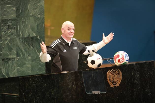 (260520) -- UNITED NATIONS, May 20, 2026 -- FIFA President Gianni Infantino speaks at a special event to celebrate World Football Day at the UN headquarters in New York, May 19, 2026. The UN General Assembly on Tuesday hosted a special event to celebrate World Football Day, which falls on May 25. In May 2024, the UN General Assembly passed a resolution proclaiming May 25 as World Football Day, to mark the 100th anniversary of the first international football tournament in history with the representation of all regions, which took place on May 25, 1924. ) (SP)UN-NEW YORK-WORLD FOOTBALL DAY XiexE 