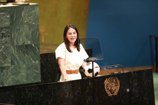 (260520) -- UNITED NATIONS, May 20, 2026 -- Annalena Baerbock, President of the 80th session of the UN General Assembly, speaks at a special event to celebrate World Football Day at the UN headquarters in New York, May 19, 2026. The UN General Assembly on Tuesday hosted a special event to celebrate World Football Day, which falls on May 25. In May 2024, the UN General Assembly passed a resolution proclaiming May 25 as World Football Day, to mark the 100th anniversary of the first international football tournament in history with the representation of all regions, which took place on May 25, 1924. ) (SP)UN-NEW YORK-WORLD FOOTBALL DAY XiexE