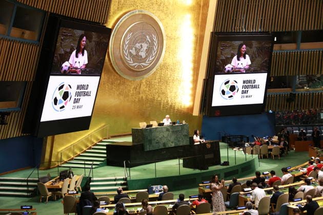 (260520) -- UNITED NATIONS, May 20, 2026 -- Photo taken on May 19, 2026 shows a general view of the special event to celebrate World Football Day at the UN headquarters in New York. The UN General Assembly on Tuesday hosted a special event to celebrate World Football Day, which falls on May 25. In May 2024, the UN General Assembly passed a resolution proclaiming May 25 as World Football Day, to mark the 100th anniversary of the first international football tournament in history with the representation of all regions, which took place on May 25, 1924. ) (SP)UN-NEW YORK-WORLD FOOTBALL DAY XiexE 