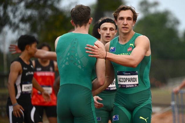 ATHLETICS OCEANIA CHAMPIONSHIPS, Joshua Azzopardi of Australia celebrates winning the Men™s 100m Final during the 2026 Oceania Athletics Championships at Arafura Stadium, Darwin, Wednesday, May 20, 2026. ( NO ARCHIVING DARWIN NORTHERN TERRITORY AUSTRALIA  Copyright: xJOELxCARRETTx 20260520159263519648