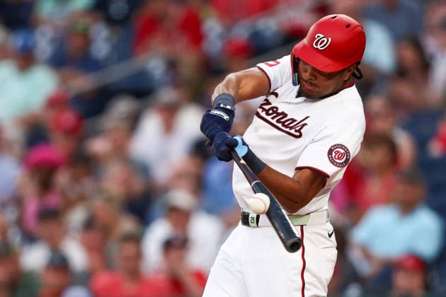 MLB, Baseball Herren, USA New York Mets vs Washington Nationals Washington, DC; Washington Nationals right fielder James Wood (29) hits a single during the Major League Baseball game between the Washington Nationals and the New York Mets at Nationals Park on Tuesday, May 19, 2026. The Nationals beat the Mets 9-6. (Steve Prakope Image of Washington D.C. District of Columbia United States EDITORIAL USE ONLY Copyright: xImagexofxSportx StevexPrakopex iosphotos410280