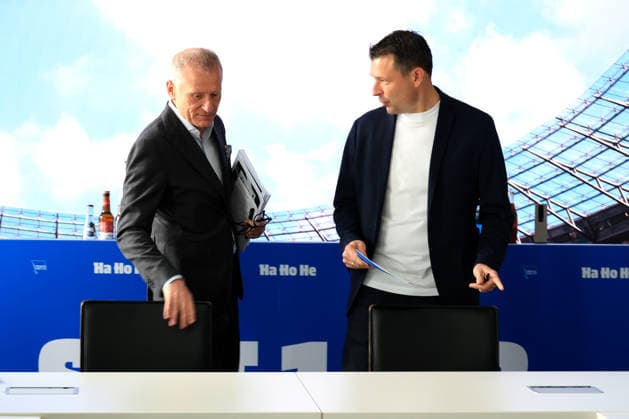 DEU, DFL, 2 FBL Hertha BSC, PK, 20 05 2026, Sportforum, Berlin, DEU, DFL, 2 FBL Hertha BSC, PK, im Bild Benjamin Weber Sportdirektor, Hertha BSC Berlin , Dr Peter Goerlich Geschaeftsfuehrung DFL regulations prohibit any use of Photographs as image sequences and or quasi video nordphotoxGmbHx xEngler nph00076