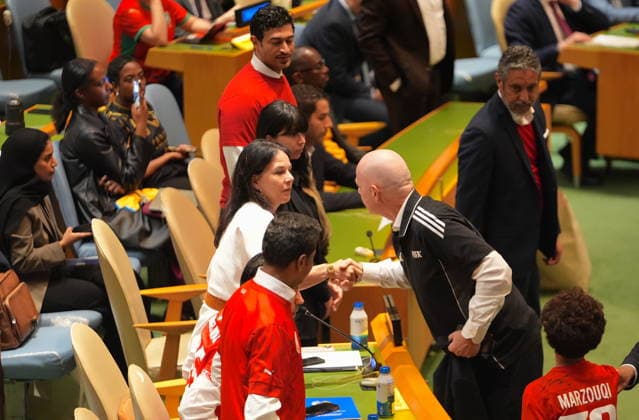 World Football Day is celebrated at the UN NEW YORK CITY, UNITED STATES - MAY 19: President of FIFA, Gianni Infantino (R), who attends World Football Day event at the UN General Assembly, talks to the President of the UN General Assembly Annalena Baerbock on May 19, 2026, New York, U.S. Selcuk Acar Anadolu New York United States. Editorial use only. Please get in touch for any other usage.  Copyright: x2026xAnadoluxSelcukxAcarx
