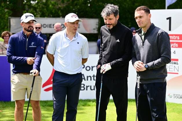 Soudal Open Golf SCHILDE, BELGIUM - MAY 20 : Mark Van Bommel, Wesley Sonck and Thomas Vermaelen pictured during the tee-off in the ProAm of the Soudal Open Golf at the Rinkven International Golf Club on May 20, 2026 in Schilde, Belgium, 20 05 2026 Schilde Belgium  Copyright: xPeterxDexVoechtx