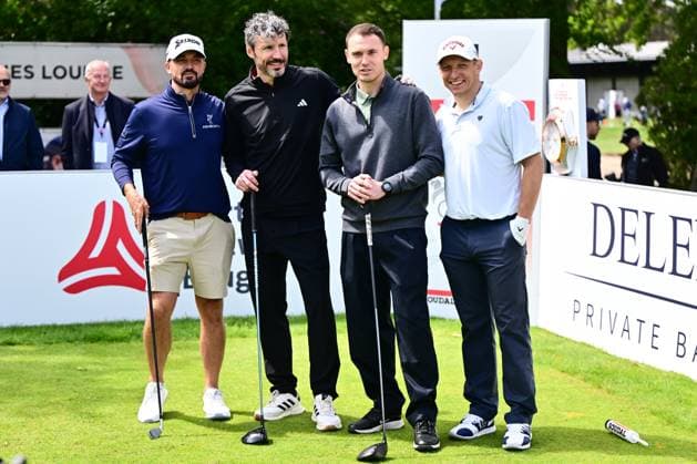 Soudal Open Golf SCHILDE, BELGIUM - MAY 20 : Mark Van Bommel, Wesley Sonck and Thomas Vermaelen pictured during the tee-off in the ProAm of the Soudal Open Golf at the Rinkven International Golf Club on May 20, 2026 in Schilde, Belgium, 20 05 2026 Schilde Belgium  Copyright: xPeterxDexVoechtx