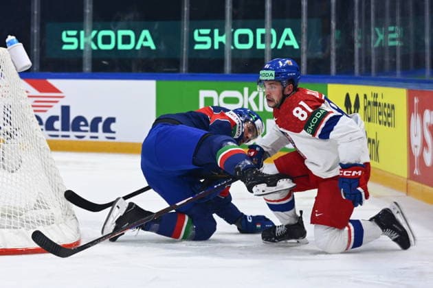 L-R Ivan De Luca (CZE) and Matej Blumel (CZE) in action during the 2026 IIHF World Championship, WM, Weltmeisterschaft Group B, match Czechia vs Italy, Fribourg, Switzerland, on May 20, 2026. (CTKxPhoto RadekxPetrasek) CTKPhotoP2026052007481  CTKPhotoP2026052007481