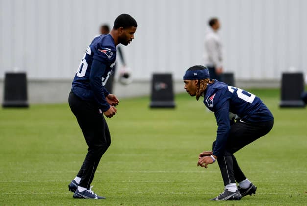 FOXBOROUGH, MA - MAY 09: Kenneth Harris 36 of the New England Patriots and Channing Canada 29 of the New England Patriots warm up during New England Patriots rookie camp on May 9, 2026, at Gillette Stadium in Foxborough, Massachusetts. (Photo by Fred Kfoury III Icon Sportswire) NFL, American Football Herren, USA MAY 09 New England Patriots Workout EDITORIAL USE ONLY Icon482260509050