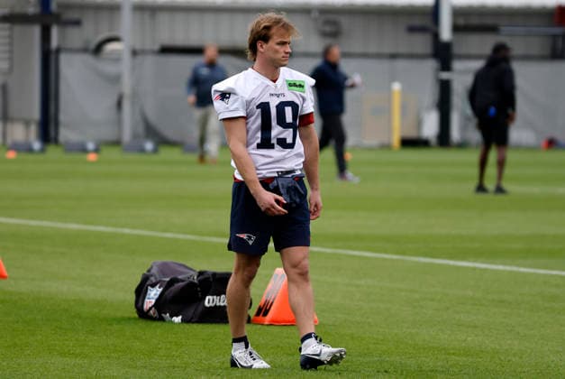 FOXBOROUGH, MA - MAY 09: Jimmy Kibble 19 of the New England Patriots during New England Patriots rookie camp on May 9, 2026, at Gillette Stadium in Foxborough, Massachusetts. (Photo by Fred Kfoury III Icon Sportswire) NFL, American Football Herren, USA MAY 09 New England Patriots Workout EDITORIAL USE ONLY Icon482260509068