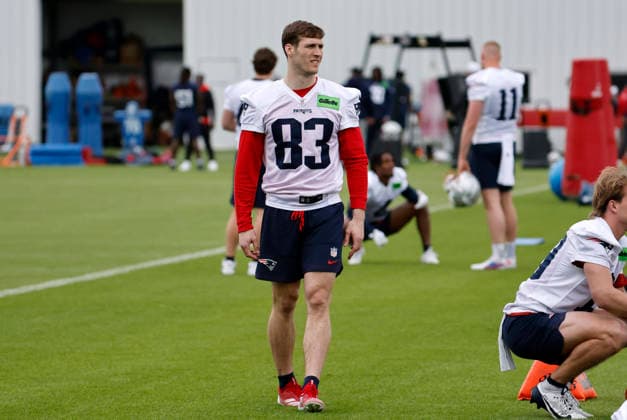 FOXBOROUGH, MA - MAY 09: Kyle Dixon 83 of the New England Patriots during New England Patriots rookie camp on May 9, 2026, at Gillette Stadium in Foxborough, Massachusetts. (Photo by Fred Kfoury III Icon Sportswire) NFL, American Football Herren, USA MAY 09 New England Patriots Workout EDITORIAL USE ONLY Icon482260509071