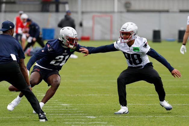 FOXBOROUGH, MA - MAY 09: Karon Prunty 21 of the New England Patriots and Cameron Dorner 88 of the New England Patriots during New England Patriots rookie camp on May 9, 2026, at Gillette Stadium in Foxborough, Massachusetts. (Photo by Fred Kfoury III Icon Sportswire) NFL, American Football Herren, USA MAY 09 New England Patriots Workout EDITORIAL USE ONLY Icon482260509084