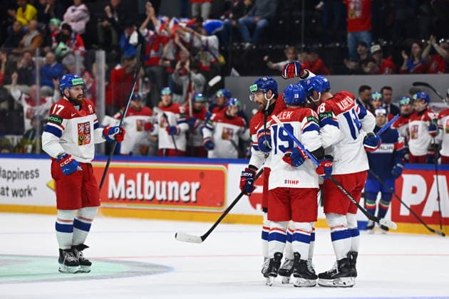 Czech players (on the left is Filip Hronek) celebrate a goal during the 2026 IIHF World Championship, WM, Weltmeisterschaft Group B, match Czechia vs Italy, Fribourg, Switzerland, on May 20, 2026. (CTKxPhoto RadekxPetrasek) CTKPhotoP2026052008700  CTKPhotoP2026052008700