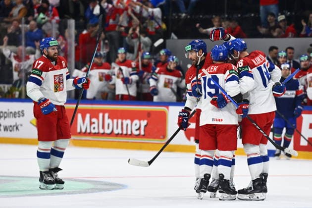 Czech players (on the left is Filip Hronek) celebrate a goal during the 2026 IIHF World Championship, WM, Weltmeisterschaft Group B, match Czechia vs Italy, Fribourg, Switzerland, on May 20, 2026. (CTKxPhoto RadekxPetrasek) CTKPhotoP2026052008819  CTKPhotoP2026052008819