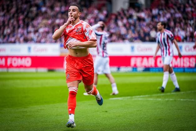 TILBURG , 20-05-2026 , Koning Willem II Stadium , season 2025 2026 , Dutch Keuken Kampioen Divisie football , First leg of the Keuken Kampioen Play-Offs final , match between Willem II and FC Volendam , picture shows FC Volendam player Bilal Ould-Chikh celebrate his goal after he scores the 0-1 Willem II - Volendam (play off)  x203842633x Copyright: