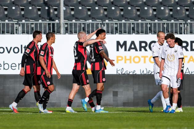 Eintracht Frankfurt players, celebrate the goal, celebrate the goal, celebrate the goal, goal, celebration, cheers about the goal, rejoicing, joy, rejoices, optimistic, positive, game scene, highlight, action, 20 05 2026, Sandhausen Germany , football, anniversary match, SV Sandhausen Eintracht Frankfurt xozx