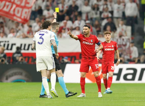Istanbul, Turkey, 20th May 2026. Vincenzo Grifo of SC Freiburg receive a yellow card during the SC Freiburg vs Aston Villa UEFA Europa League Final match at Besiktas Park, Istanbul. Picture credit should read: Cody Froggatt Sportimage EDITORIAL USE ONLY. No use with unauthorised audio, video, data, fixture lists, club league logos or live services. Online in-match use limited to 120 images, no video emulation. No use in betting, games or single club league player publications. SPI_057_CF_Frieburg_Aston_Villa SPI-4796-0087