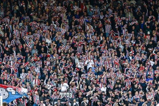 TILBURG , 20-05-2026 , Koning Willem II Stadium , season 2025 - 2026 , Dutch Keuken Kampioen Divisie football , First leg of the Keuken Kampioen Play-Offs final , match between Willem II and FC Volendam , picture shows Willem II fans in red , white and blue Willem II - Volendam (play off)  x203845044x Copyright: