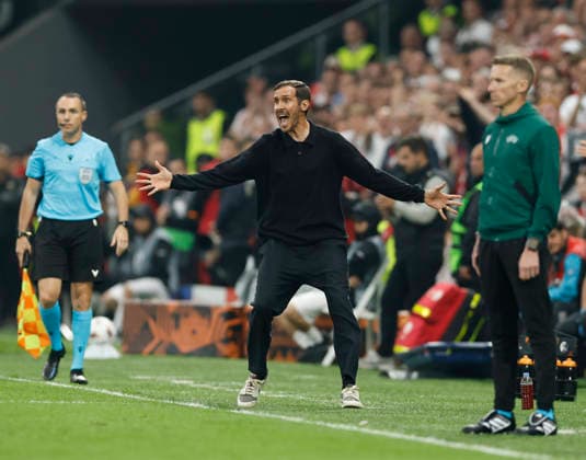 Istanbul, Turkey, 20th May 2026. Julian Schuster coach of SC Freiburg reacts following a foul by Matty Cash of Aston Villa during the SC Freiburg vs Aston Villa UEFA Europa League Final match at Besiktas Park, Istanbul. Picture credit should read: Cody Froggatt Sportimage EDITORIAL USE ONLY. No use with unauthorised audio, video, data, fixture lists, club league logos or live services. Online in-match use limited to 120 images, no video emulation. No use in betting, games or single club league player publications. SPI_062_CF_Frieburg_Aston_Villa SPI-4796-0092