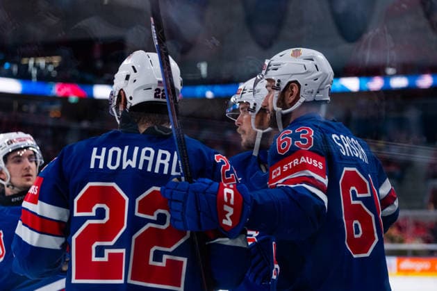 ZURICH, SWITZERLAND - MAY 20: Max Sasson (United States, 63) during his 2:1 goal celebration during the Preliminary Round - Group A Match 27 between United States and Germany at the IIHF Ice hockey, Eishockey World Championship, WM, Weltmeisterschaft 2026, Swiss Life Arena on May 20, 2026 in Zurich, Switzerland. Zurich Switzerland Copyright: xTimoxSteinx