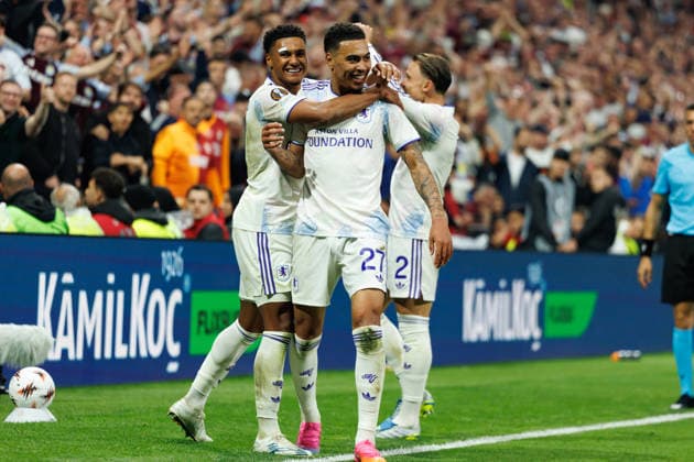 Morgan Rogers, Ollie Watkins celebrating score a goal seen during the UEFA Europa League 2026 final game between teams of SC Freiburg and Aston Villa FC (Maciej Rogowski Ball Raw Images) Istanbul Besiktas Stadium Turkey Copyright: xMaciejxRogowskix ROG_FRE_AST_2526-9