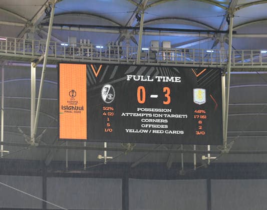 ISTANBUL, TURKEY - MAY 20: General view of the scoreboard showing the score after the UEFA Europa League Final 2026 match between SC Freiburg and Aston Villa FC at Besiktas Park on May 20, 2026 in Istanbul, Turkey.  Copyright: xMBxMediax