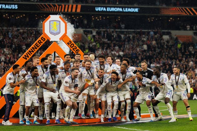 Aston Villa players celebrating after win seen during the UEFA Europa League 2026 final game between teams of SC Freiburg and Aston Villa FC (Maciej Rogowski Ball Raw Images) Istanbul Besiktas Stadium Turkey Copyright: xMaciejxRogowskix ROG_FRE_AST_2526-32