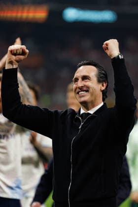 Unai Emery celebrating after win seen during the UEFA Europa League 2026 final game between teams of SC Freiburg and Aston Villa FC (Maciej Rogowski Ball Raw Images) Istanbul Besiktas Stadium Turkey Copyright: xMaciejxRogowskix ROG_FRE_AST_2526-50