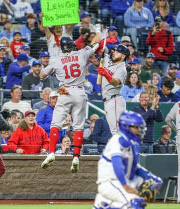 MAY 20, 2026: Boston Red Sox outfielder Jarren Duran (16) celebrates with teammate Boston Red Sox outfielder Wilyer Abreu (52) against the Kansas City Royals at Kauffman Stadium in Kansas City, MO. CSM MLB, Baseball Herren, USA 2026: Red Sox Vs Royals May 20  - ZUMAc04_ 20260520_zma_c04_092 Copyright: xRomanxPunox