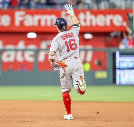 MAY 20, 2026: Boston Red Sox outfielder Jarren Duran (16) celebrates at second base after hitting a home run in the 7th inning against the Kansas City Royals at Kauffman Stadium in Kansas City, MO. CSM Kansas City United States - ZUMAc04_ 20260520_zma_c04_091 Copyright: xRomanxPunox