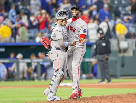 MAY 20, 2026: Boston Red Sox relief pitcher Aroldis Chapman (44) and Boston Red Sox catcher Carlos NarvoÂ¡ez (75) celebrates a win against the Kansas City Royals at Kauffman Stadium in Kansas City, MO. CSM Kansas City United States - ZUMAc04_ 20260520_zma_c04_098 Copyright: xRomanxPunox