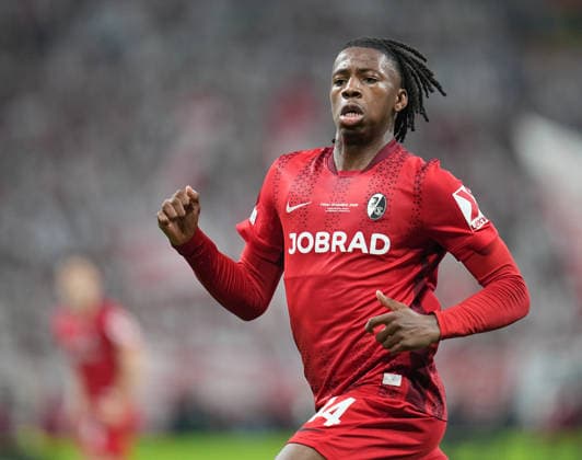ISTANBUL, TURKEY - MAY 20: Johan Manzambi of SC Freiburg looks on during the UEFA Europa League Final 2026 match between SC Freiburg and Aston Villa FC at Besiktas Park on May 20, 2026 in Istanbul, Turkey.  Copyright: xMBxMediax