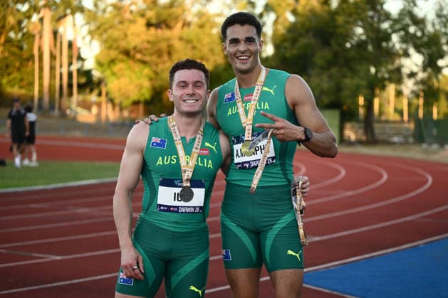 ATHLETICS OCEANIA CHAMPIONSHIPS, Christopher Ius (left) and Aidan Murphy of Australia celebrates following the Men s 200m Final during the 2026 Oceania Athletics Championships at Arafura Stadium, Darwin, Thursday, May 21, 2026. ( NO ARCHIVING DARWIN NORTHERN TERRITORY AUSTRALIA  Copyright: xJOELxCARRETTx 20260521120175083477