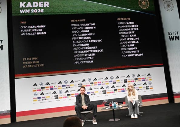 21 05 2026, xsltx, Fußball DFB Medientermine, Pressekonferenz WM Kader 2026 v l The squad for the 2026 World Cup, below Julian Nagelsmann Bundestrainer Deutsche Nationalmannschaft , Franziska Wülle Press Spokeswoman DFB DFL DFB REGULATIONS PROHIBIT ANY USE OF PHOTOGRAPHS as IMAGE SEQUENCES and or QUASI VIDEO