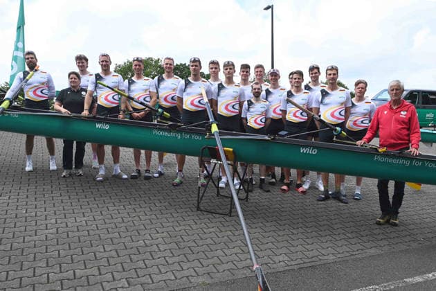 The teams of German eights, coxless fours and reserve athletes with their coaches Sabine TSCHAEGE, 2nd from left, and Mark EMKE, right, rowing, presentation Germany eights of the 2026 season, on 21 May 2026 in Dortmund Germany Â