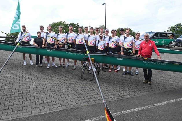 The teams of German eights, coxless fours and reserve athletes with their coaches Sabine TSCHAEGE, 2nd from left, and Mark EMKE, right, rowing, presentation Germany eights of the 2026 season, on 21 May 2026 in Dortmund Germany Â
