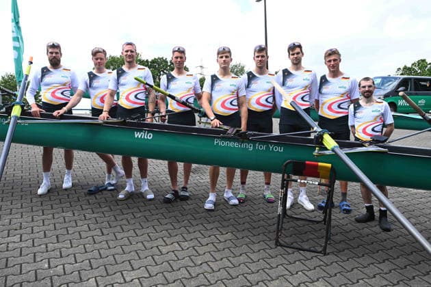 The German Eight with stroke Soenke KRUSE Sönke Julius CHRIST, Tassilo von MUELLER Von Müller , Tobias STRANGEMANN Olaf ROGGENSACK, Mattes SCHOENHERR Schönherr , Paul KLAPPERICH, Theis HAGEMEISTER, cox Jonas WIESEN, Rowing, Presentation Germany Eight of the 2026 season, on 21 05 2026 in Dortmund Germany Â